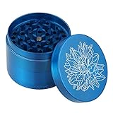 DCOU New Design Premium Zinc Alloy Herb Grinder 2.2 Inches 4 Piece Metal Grinder with Pollen Catcher with Laser Flower Pattern Blue