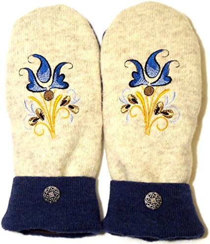 Sweater Mittens, 100% Wool, Cream and Dark Blue Color with Polar Fleece Lining, Adult Size Large, Super Thick, Rosemaling Folk Art Motif Embroidery, Contrasting Button