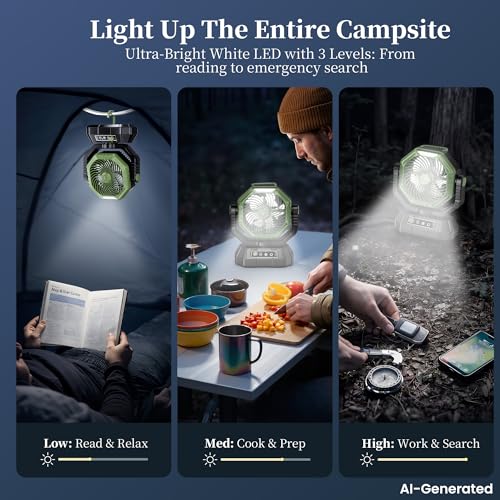 AJVV Camping Fan, Oscillating Battery Powered Portable Rechargeable Hanging Tent Fan with Light and Remote for Camp, Outdoor, Emergency Power Outage, Fishing, RV Travel, Green