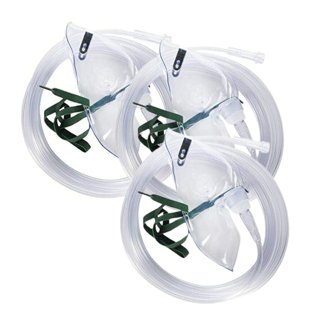 The Oxygen Store Home Oxygen Masks Medium Concentration Adult with 2.1 Metre Tube Tubing, 3 Pack, Transparent PVC Design with Secure Fit for Home Oxygen Use, Clear