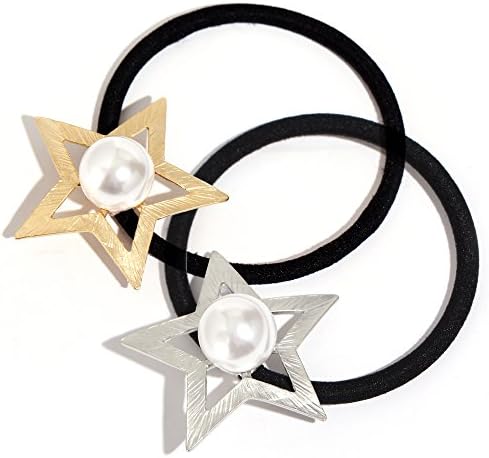 Face Forever 2pcs Star Metal Faux Pearl Elatic Hair Tie Ponytail Hairband Gold and Silver