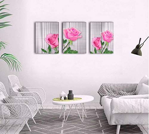 Pink Wall decor for girls bedroom Decoration Framed Flowers Wall Decor canvas bathroom pictures 3 Pieces rose bathroom decor wall art Beige Wood Board Floral teenage girl room decor painting 12×16 Inch