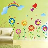Sun flower Smiley Under the Rainbow kids room removable cartoon wall sticker decals
