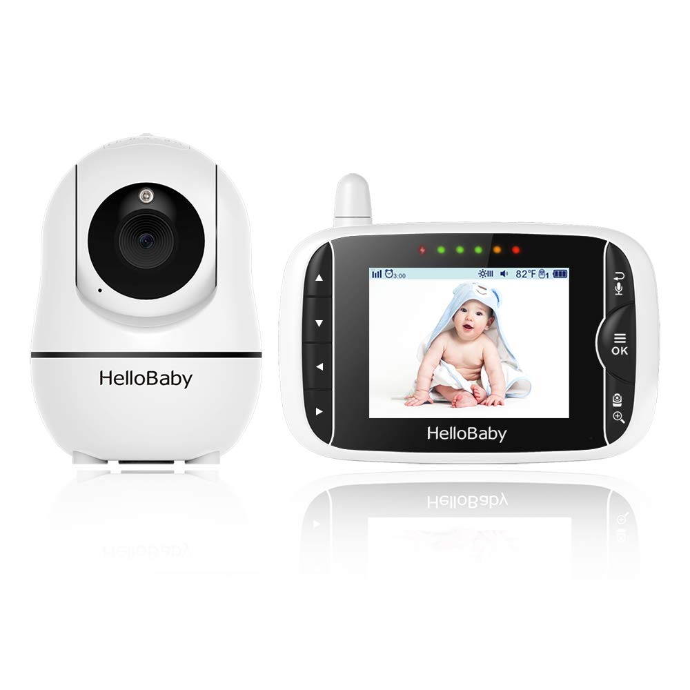 Video Baby Monitor with Camera and Audio, Remote Pan-Tilt-Zoom, Hellobaby Monitor Camera3.2'' LCD Screen, Infrared Night Vision, Temperature Display, Lullaby, Two Way Audio