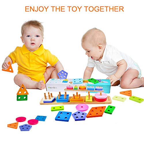 rolimate Wooden Educational Shape Color Recognition Geometric Board Block Stack Sort Chunky Puzzle Toys, Birthday Gift Toy for Age 3 4 5 Years Old and Up Kid Children Baby Toddler Boy Girl (ZY-201)