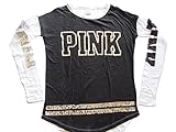 Victoria's Secret PINK Bling Varsity Crew Tee Shirt Sequin Logo Black White
