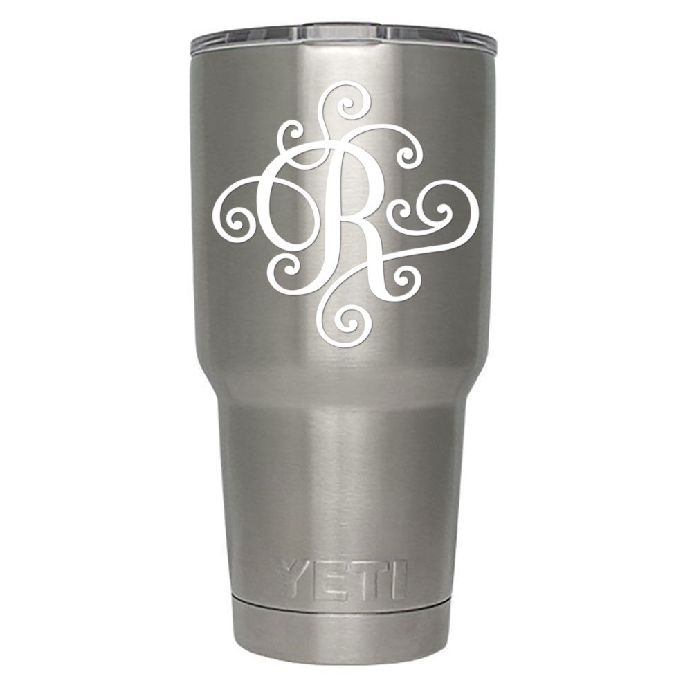 Monogram die cut decal/sticker. CLICK FOR COLOR/LETTER OPTIONS. AVAILABLE IN FOUR COLORS AND ALL LETTERS A-Z! Great for windows, Yeti and RTIC tumblers, Macbooks and more! (Letter "R", White)