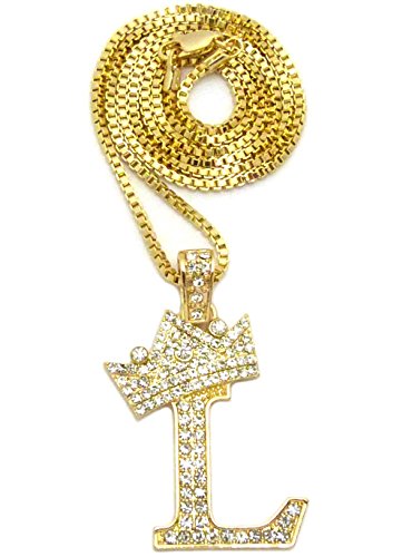 Crown Iced Out King Initial Letters Pendant 24" Box Chain Necklace