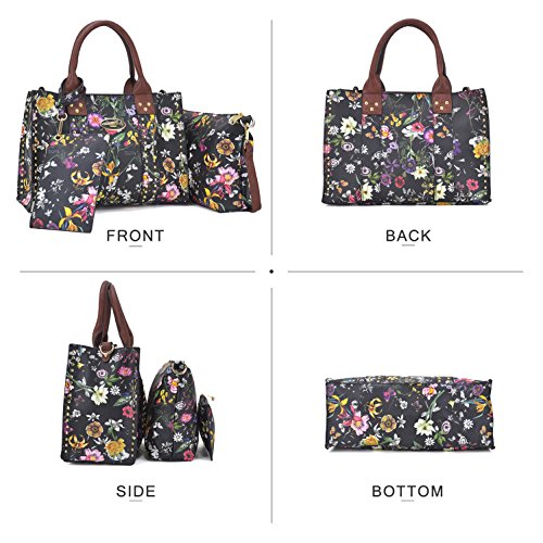 Women Handbag 3 Pieces Set Leather Shoulder Bag Satchel Purse 3 in 1 Simple Design Black Floral/Coffee