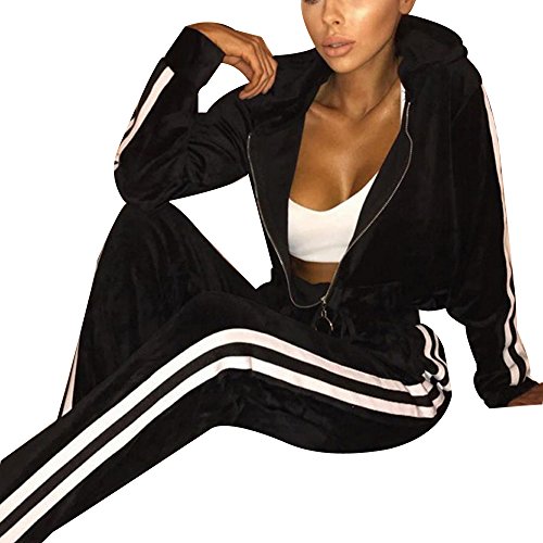 TOP-MAX Women's Velour Stripe Jogging Zipped Hoodie, Fashion Sport Suit, Hoodie and Pants Sports Suits Tracksuits