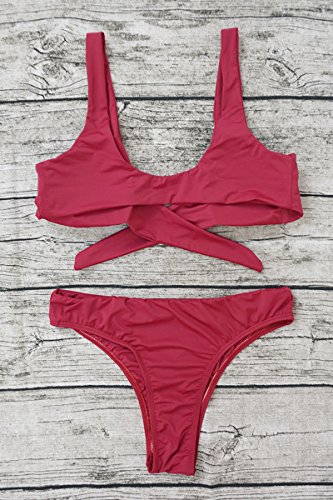 ESONLAR Hipsters Sexy Scoop Neck Cropped Top Bandage 2PCS Swimsuit Bikini Sets Wine S
