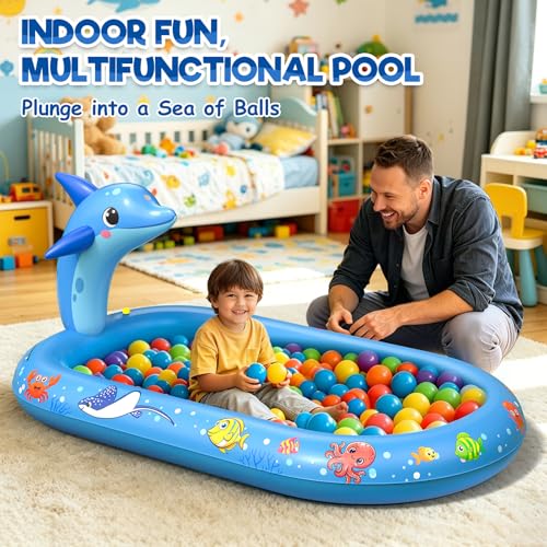 Inflatable Paddling Pool for Kids, Splash Pad for Kids, 3 in 1 Dolphin Pattern Kids Pool Inflatables, Thickened Material with Water Pipe, Backyard Summer Water Toys for Boys and Girls Age 1+