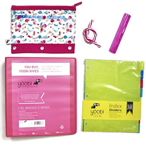 Yoobi Pink School Supply Bundle of 5 Items -1 Inch D-Ring Binder, Binder Zip Case, Eraser & Colorful 8 Tab Index Dividers