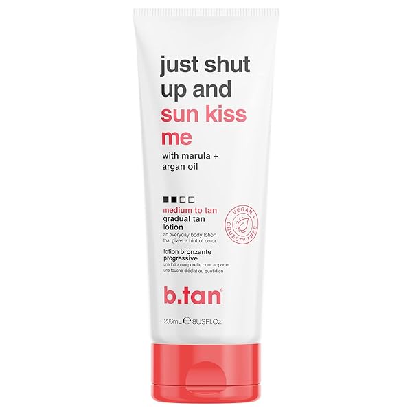 B.TAN MEDIUM GRADUAL SELF TANNING LOTION | JUST SHUT UP AND SUN KISS ME EVERYDAY GLOW LOTION – DEVELOP A BRONZED GLOW, INFUSED WITH MARULA + ARGAN OIL, VEGAN, CRUELTY & PARABEN FREE, 236ML