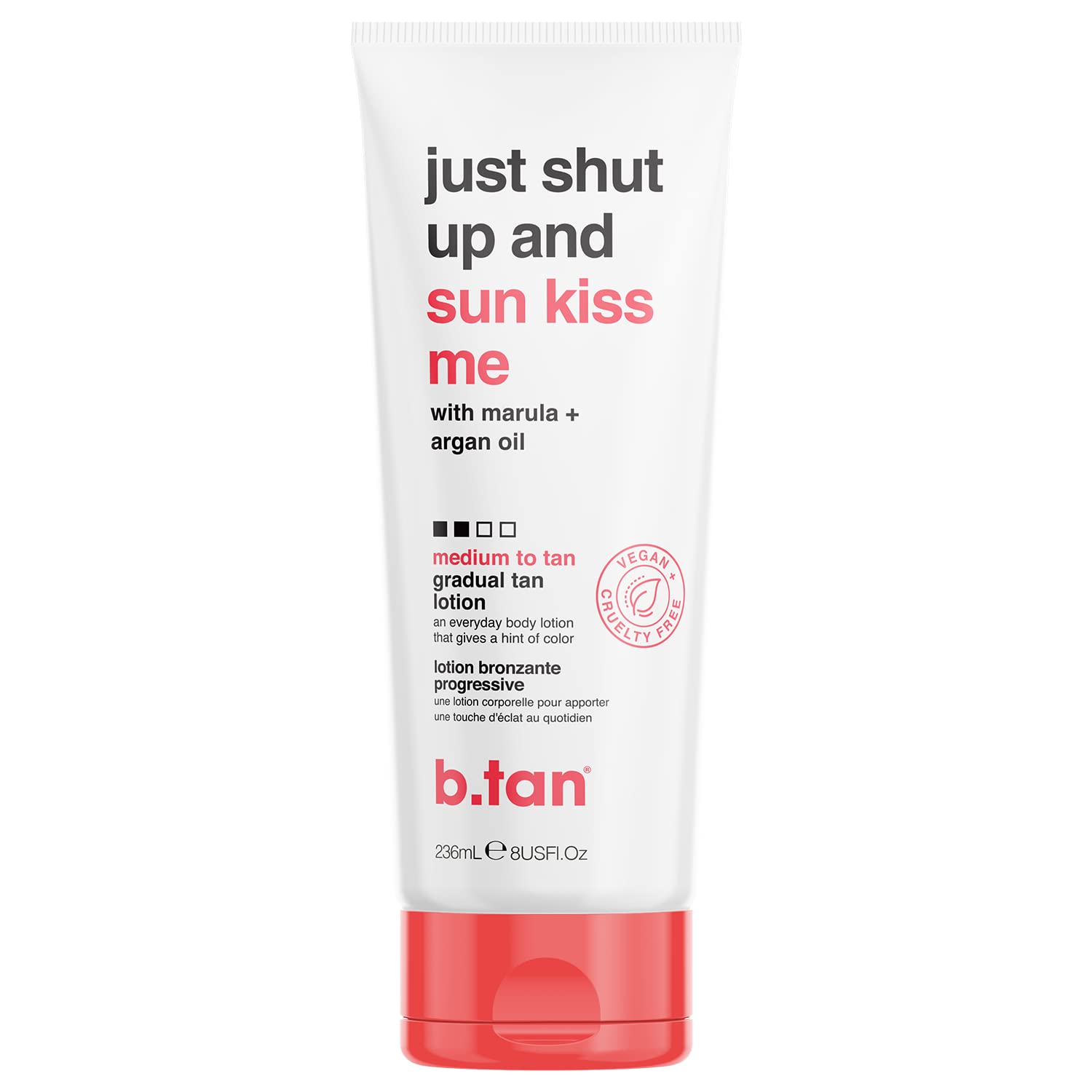 b.tan Medium Gradual Self Tanning Lotion | Just Shut Up and Sun Kiss Me - Develop a Bronzed Glow, Daily Sunless Tanner Infused With Marula + Argan Oil, Ultra Hydrating, No Fake Tan Smell, 236ml