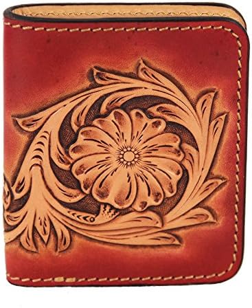 LengRen Senior Handmade Short Folding Wallet Carved with Plant Pattern in Tang Dynasty Genuine Italian Full Grain Leather with Vegetable Tanning Technology, Coffee