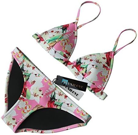 MUXILOVE Bright Mesh Wet Suit Neoprene Bikini Swimsuit Triangle Top Swimsuit(FBA) (L (US4-6), Pink Floral)
