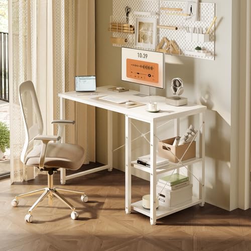 ODK Desk with Storage, 100 x 48 cm Computer Desk with Height-Adjustable and Reversible Shelf, Stable Computer Table for Telework Gaming Students, White