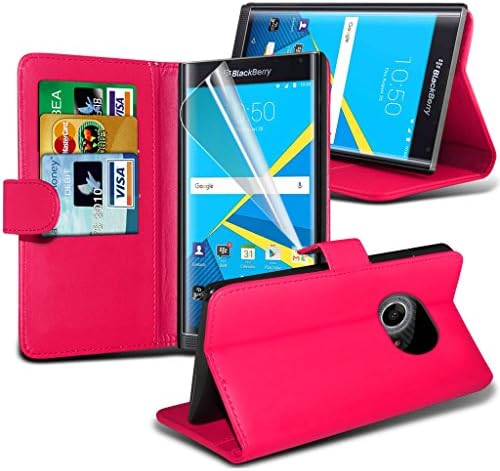 Gadget Giant® Blackberry Priv Leather Wallet Flip Case Cover Book Style with Screen Protector Film, Stylus Pen & Gadget Giant® One Touch Stand - Pink