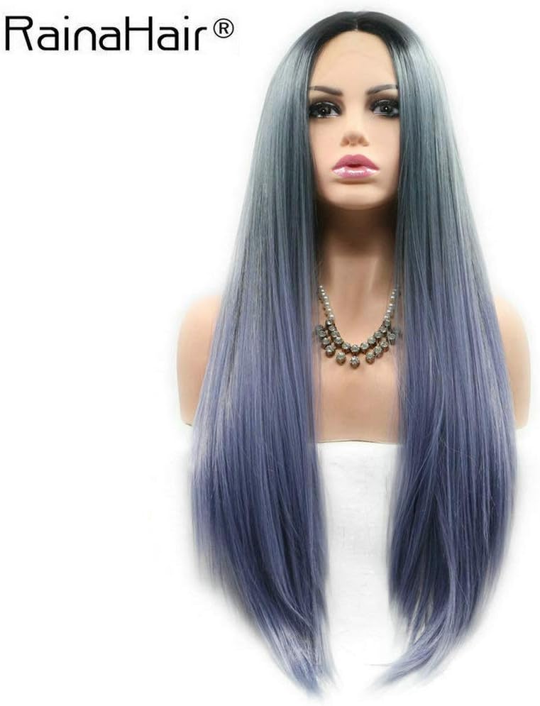 Natural Straight Dark Roots to Blue Lace Front Wigs for Women Heat Resistant Synthetic Wig Glueless Hair Flawless Hairline Party Use 24inch… (Ombre Blue) - Image 3