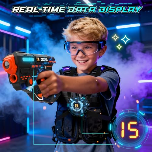 VATOS Rechargeable Laser Tag Game with 360° Sensors for 4 Players, 2.4GHz Infrared with Real Time Data Display, Family and Group Game for Kids Teens Gifts