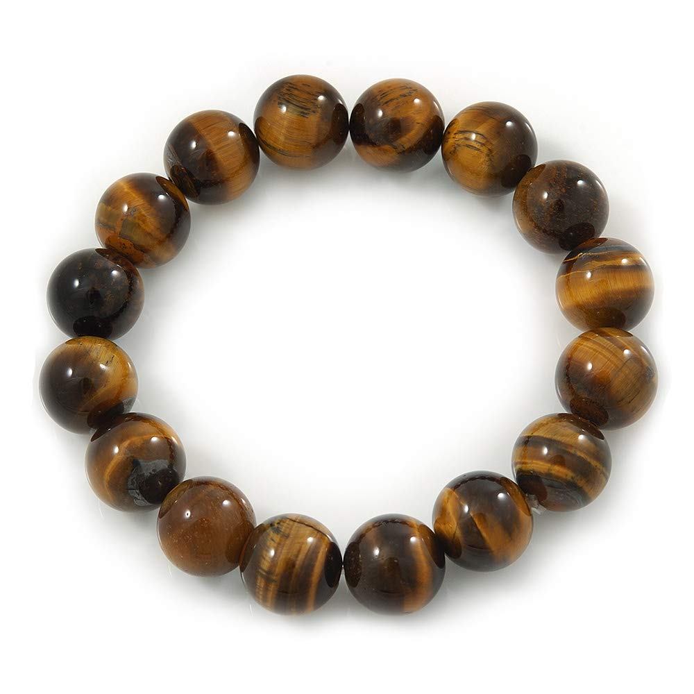 Avalaya 12mm Round Tiger Eye Semi-Precious Bead Flex Bracelet - 18cm L