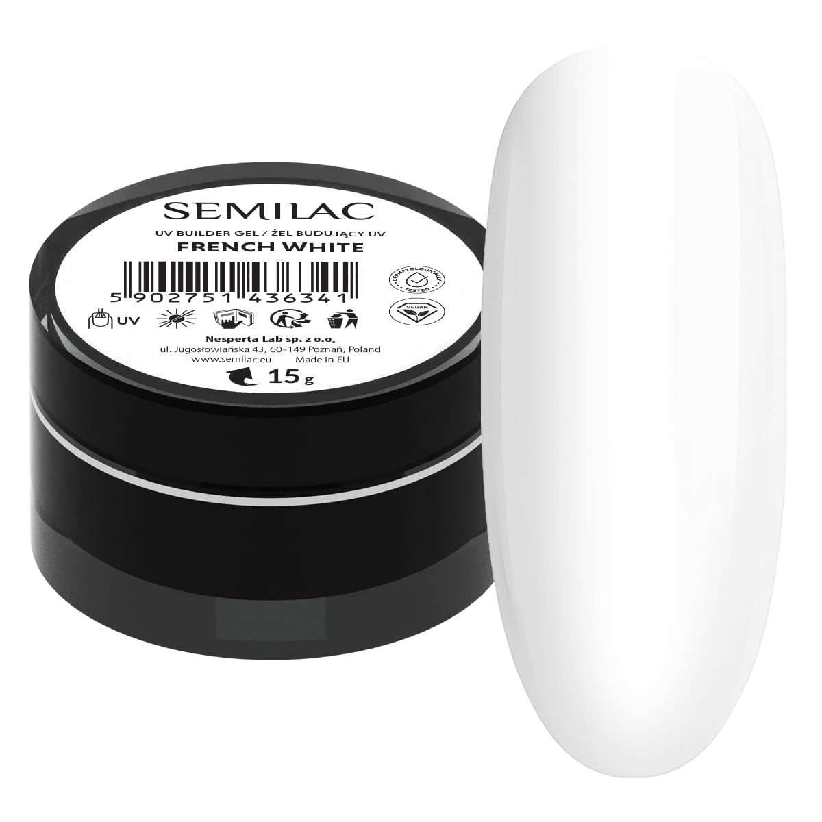 Semilac French White Nail Builder For Hard Strong Nails & Extend Gel - Perfect For Nail Construction and Nail Art. Easy To Apply, Non Damaging - Repairs Broken & Damaged Nails 15g