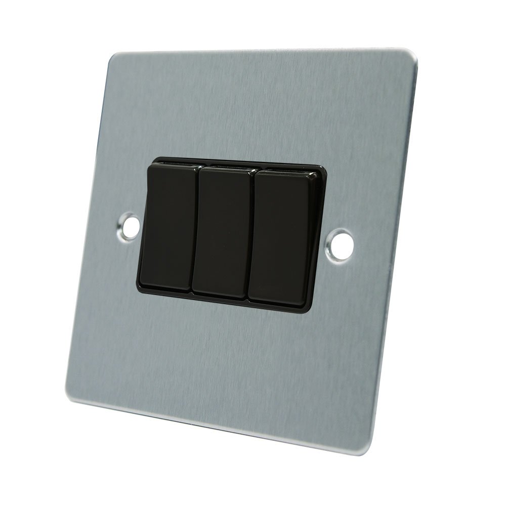 AET FSC3GSWIBL Satin Chrome Flat Black Insert Plastic Rocker Switches-10 Amp Triple 3-Gang 2 Way Light Switch, 240 V