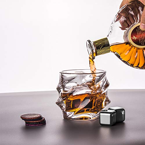 Whiskey Glass Set of 4 Rocks Style,TOPLANET Crystal Lead Free Old Fashioned Whiskey Glasses Tumbler with 4 Coaster, Whiskey Cup Set Drink for Gift Bar Party Bourbon Scotch Vodka- 11 OZ Capacity