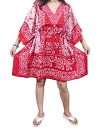 Mogul Womens Caftan Bohochic Dresses Red Elephant Print Kaftan House Dress