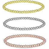 lybeilyn 3PCS Elastic Beaded Bracelets for Women, 14K Gold/Rose Gold/Silver Stretch Bracelets, 4mm Small Gold Beaded Chain Adjustable Non Tarnish Handmade Jewelry Gifts