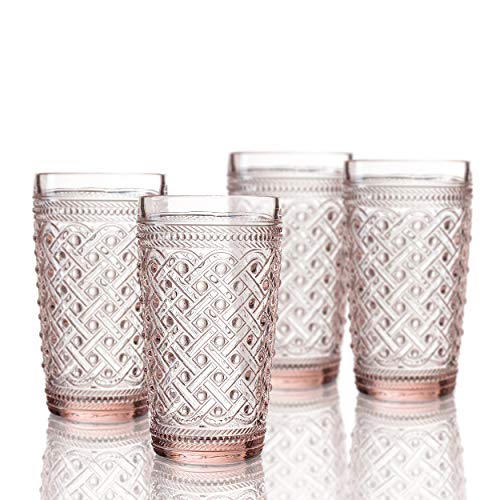 Elle Decor 229807-4HBPU Bistro Ikat 4 Pc Set Highball, Pink-Glass Elegant Barware and Drinkware, Dishwasher Safe, 13 oz,