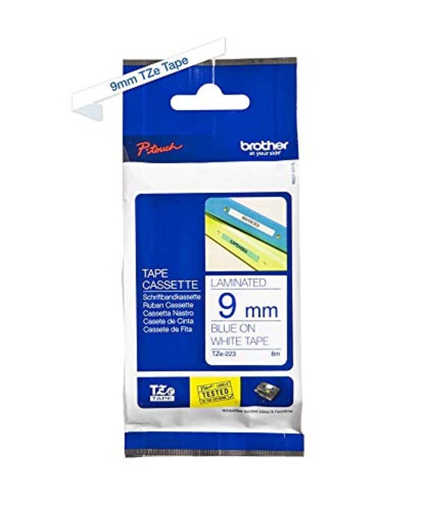 Brother TZe-223 Labelling Tape Cassette, 9 mm (W) x 8 m (L), Laminated, Brother Genuine Supplies - Blue on White