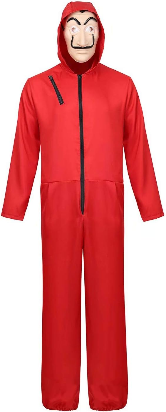 Josamogre Mens Halloween Costume Dali Red Coverall Jumpsuit with Mask Cosplay Adult Unisex Pretend