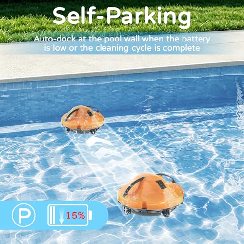 KOSGHO 2026 New Cordless Robot Pool Vacuum, Automatic Pool Cleaner Robot with Dual-Motor, 130mins Runtime & Auto Parking Robotic Pool Vacuum for Above Ground Pool Up to 1100 Sq.Ft,JQR-V201,Orange