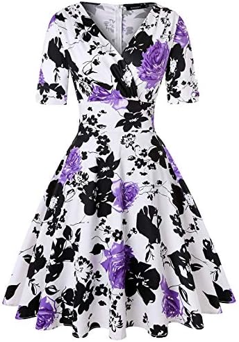 ROOSEY Women's 1950s Vintage Deep V Neck Half Sleeve Retro Cocktail Swing Dress