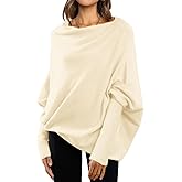 LILLUSORY Womens Batwing Oversized Sweaters Assymetrical Off The Shoulder Boat Neck Wrap Tunic Tops Fall
