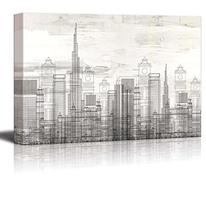 Vector Buildings in a City with Cloudy Texture Over It - Canvas Art Home Art - 12x18 inches