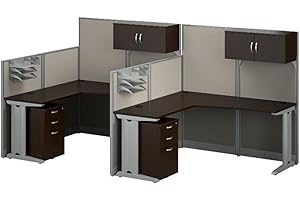 Bush Business Furniture Office in an Hour 2 Person L Shaped Cubicle Desks with Storage, Drawers, and Organizers in Mocha Cherry | Double Workstation Set with Privacy Panels for Commercial Workspace