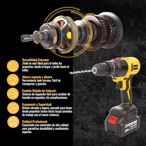 ToolMaster Taladro Inalámbrico Recargable Kit 6 en 1 Premium Titan Pro con 16 piezas Cabezales Intercambiables Taladro, Desarmador, Cortadora Incluye Caja De Herramientas