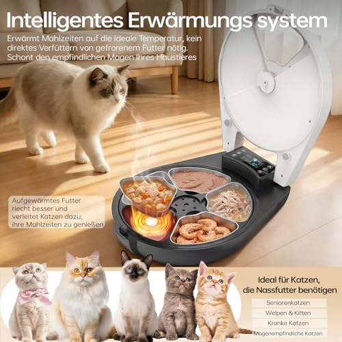 Automatic Cat Wet Food, 3 Days Fresh 5 Meals, with Semiconductor Cooling & Heating, Wet Automatic Feeder for Cats, Feeding Bowl Made of 304 Stainless Steel — Programmable Wet Food Automatic Cats