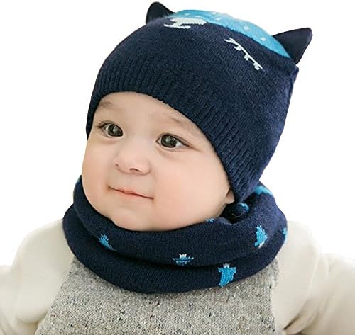 Urberry Knit Beanie Cap for Baby, Autumn Warm Kids Girl Boy Ear Hat+Scarf for Babies 0-12Month (Deep blue)