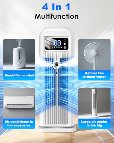 Portable Air Conditioner, 4 in 1 Evaporative Air Cooler with Remote Control, 1200ML Water Tank, 120 Oscillating, 4 Speeds, 12H Timer, Mist Spray Tower Fan for Home Office, White