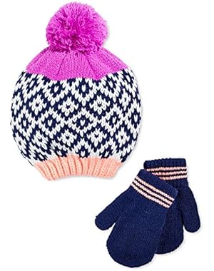 Little Girls Pom-Knit Hat & Mittens Set - Size 2T-4T