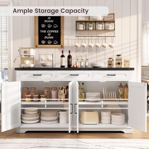 FIONESO 61" W Buffet Cabinet with 3 Large Drawers & 2 Adjustable Shelves, Farmhouse Sideboard Cabinet, Coffee Bar, TV Stand, for Kitchen, Living Room, White,40×155×80CM