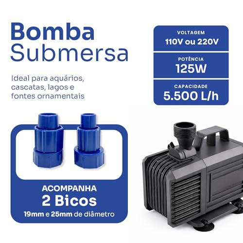 Bomba Submersa 5500l/h 5m Lagos Recalque Fontes Aquários Cascata Chafariz