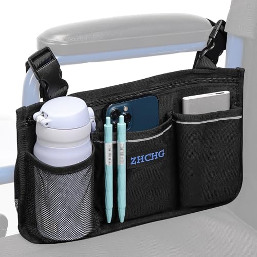 ZHCHG Wheelchair Side Bag, Wheelchair Armrest Pouch Accessories with Cup Holder, Storage Bag for Walker, Rollator, Electric Scooter Wheelchairs, Ideal Gift for Mother's Day & Father's Day