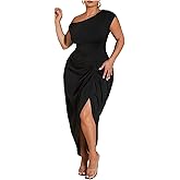Floerns Women's Plus Size Asymmetrical Neck Long Dress Ruched Slit Hem Cocktail Dress