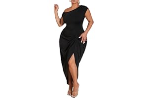 Floerns Women's Plus Size Asymmetrical Neck Long Dress Ruched Slit Hem Cocktail Dress