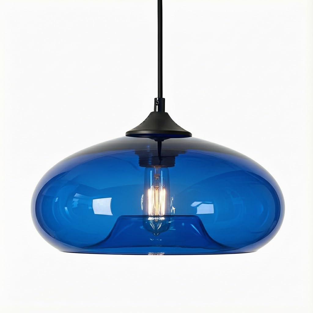 HJXDtech Pendant Light with 28cm Glass Lampsahde, Industrial Vintage Loft Bar E27 Ceiling Hanging Lamp for Kitchen, Dining &Living Room (Royal Blue)